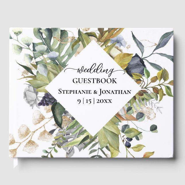 Blue and Green Tropical Wedding Guest Book (Front)