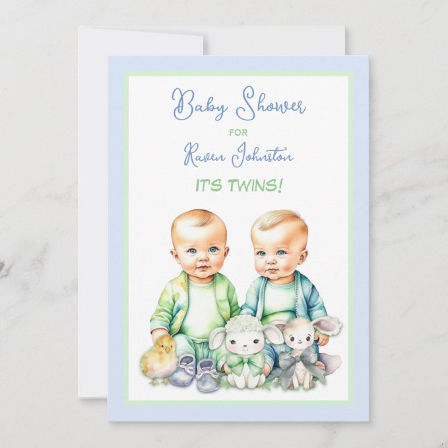 Blue and Green Twin Boys Baby Shower Invitations (Front)
