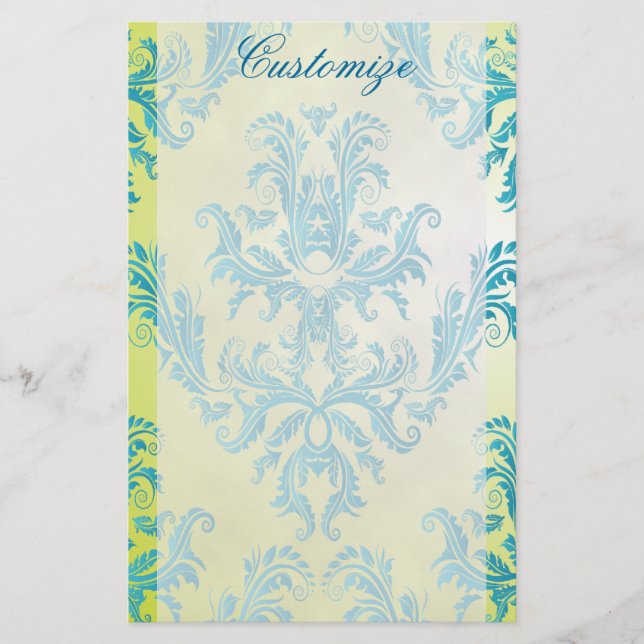 Blue and Green Vintage Damask Stationery (Front)