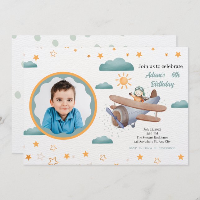 Blue and Green Watercolor Aeroplane birthday Invitation (Front/Back)