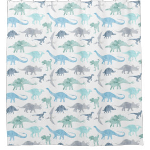 Blue and Green Watercolor Dinosaurs  Shower Curtain