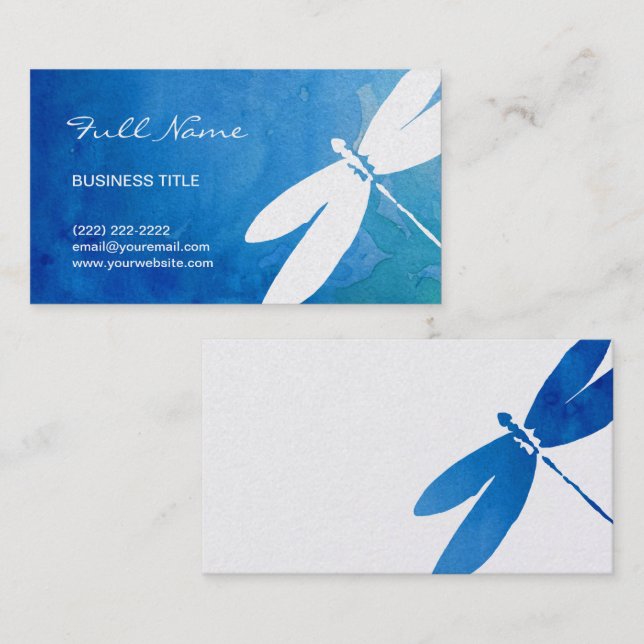 Blue and Green Watercolor Dragonfly Business Cards (Front/Back)