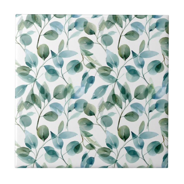 Blue and Green Watercolor Eucalyptus Plants Tile (Front)