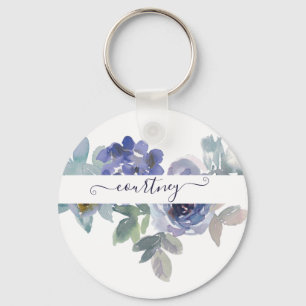 Blue and green watercolor floral personalised key ring