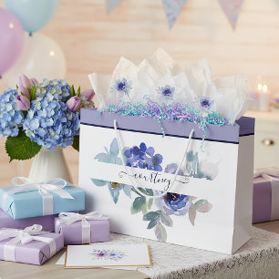 Blue and green watercolor floral personalised large gift bag