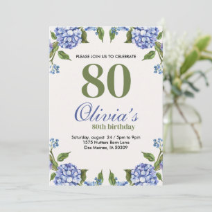 Blue And Green Watercolor Hydrangea 80th Birthday Invitation