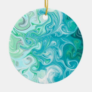 Blue and Green Waves Digital Fluid Art      Ceramic Tree Decoration