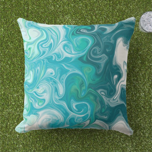 Blue and Green Waves Digital Fluid Art    Cushion (Grass)