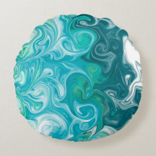 Blue and Green Waves Digital Fluid Art Round Cushion