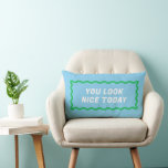 Blue and Green Wavy Frame Compliments Lumbar Cushion<br><div class="desc">Simple and fun,  this dual sided aqua blue and bright green lumbar pillow features a wavy rectangle and two different but coordinating sides with friendly text reminders to spread positivity in your life and your home. You can change the text for your own custom message too!</div>