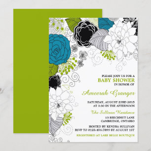 Blue and Green Whimsical Flowers Baby Shower Invitation