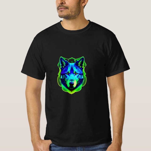 Blue and green wolf face T-Shirt (Front)