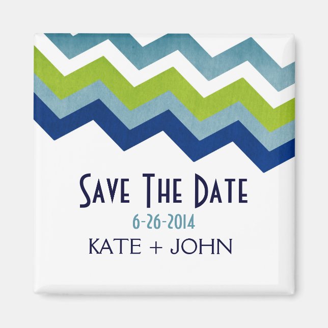 Blue and Green Zig Zag Save The Date Magnet (Front)