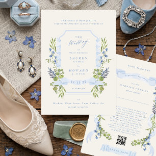 blue and greenery all in one RSVP DETAILS wedding Invitation