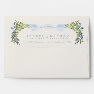 blue and greenery garden crest wreath wedding envelope