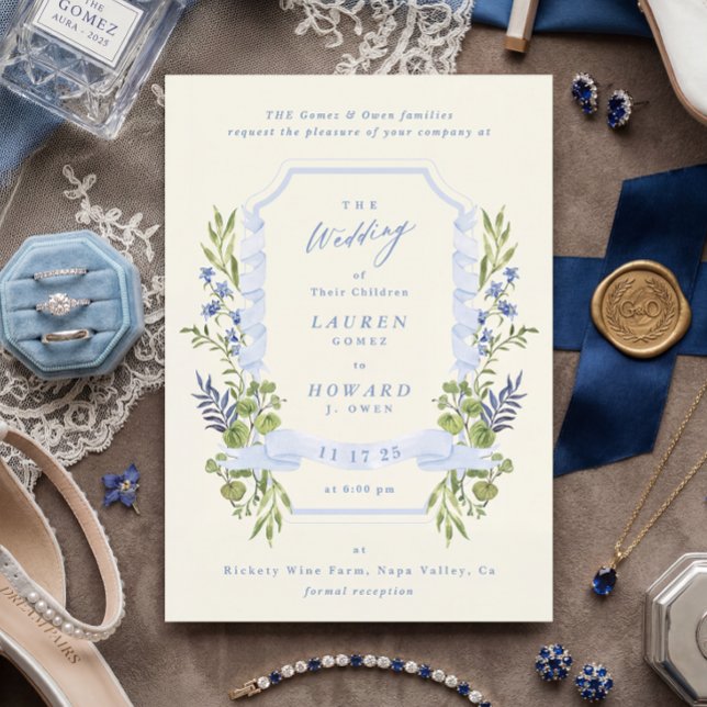 blue and greenery garden crest wreath wedding invitation (Creator Uploaded)