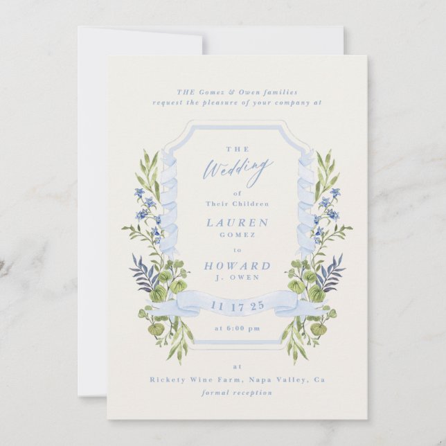 blue and greenery garden crest wreath wedding invitation (Front)