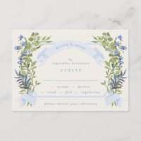 blue and greenery garden crest wreath wedding rsvp