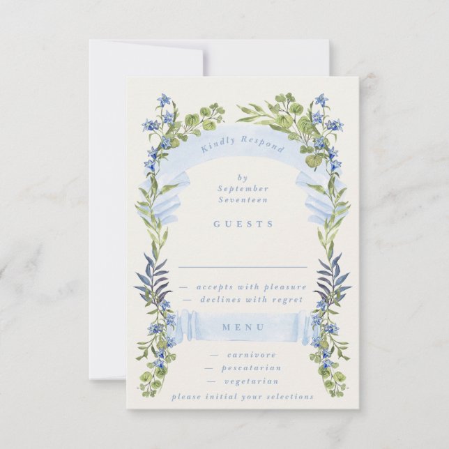 blue and greenery spring elegant wedding RSVP card (Front)