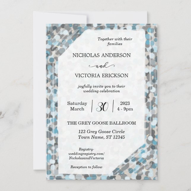 Blue and Grey Abstract Pebble Wedding Invitation (Front)