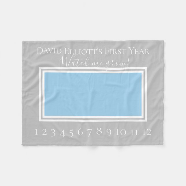 Blue and Grey Baby Boy Milestone Photo Fleece Blanket (Front (Horizontal))