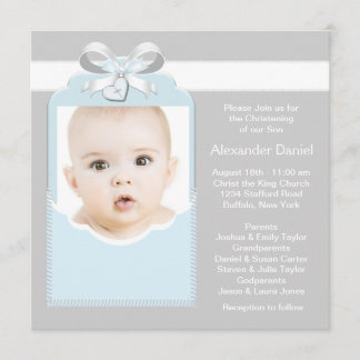 Blue and Grey Baby Boy Photo Christening Invitation