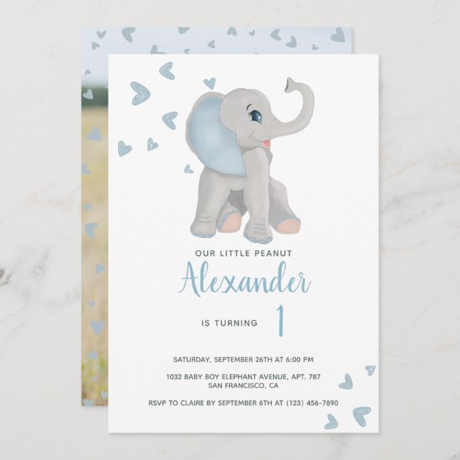 Blue and Grey Baby Elephant 1st Birthday Photo Invitation (Front/Back)