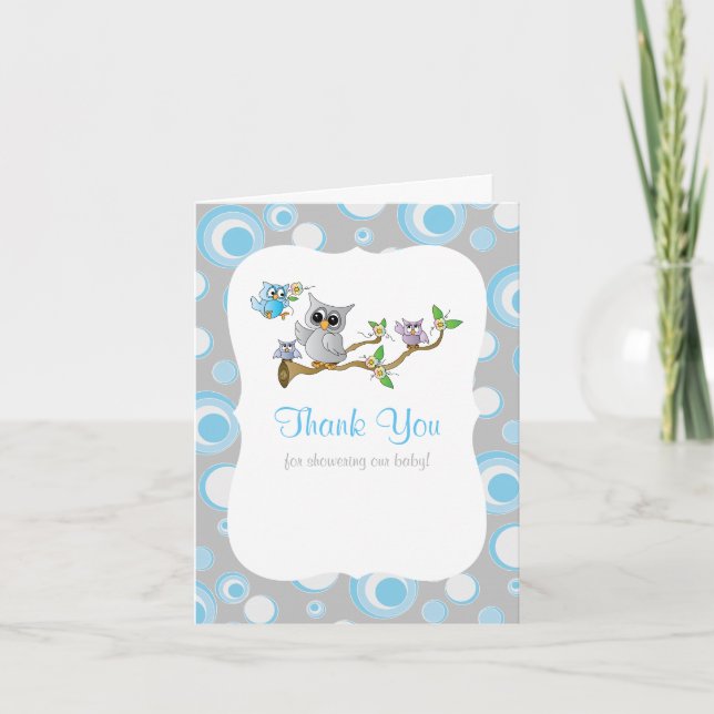 Blue and Grey Baby Owl Baby Shower Thank You Card (Front)