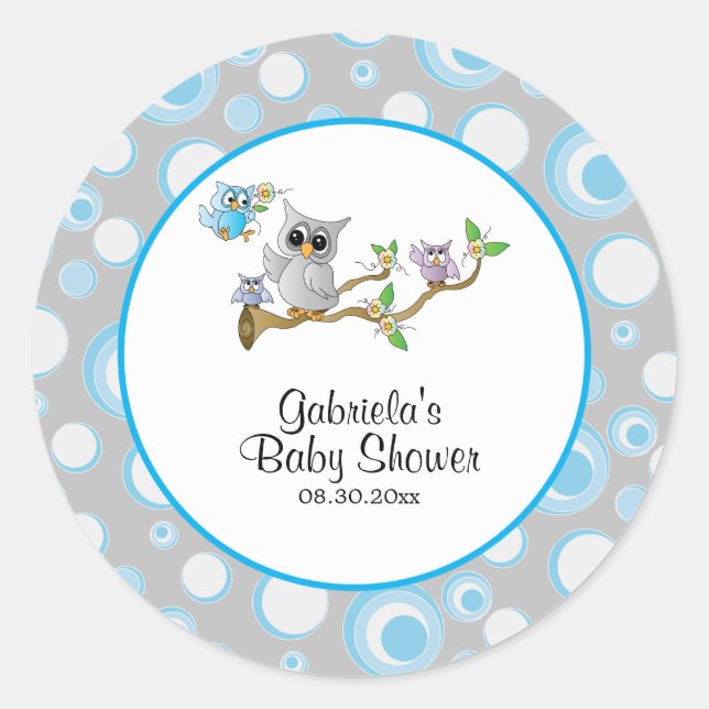Blue and Grey Baby Owl Baby Shower Theme Classic Round Sticker (Front)