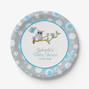 Blue and Grey Baby Owl Baby Shower Theme Paper Plate
