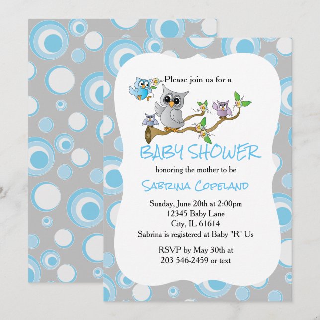 Blue and Grey Baby Owl 🦉| Shower Theme Invitation (Front/Back)