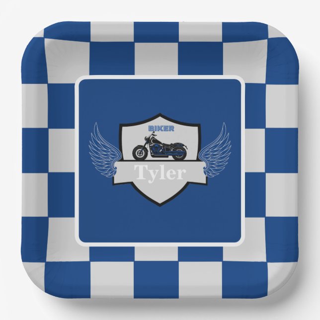 Blue and grey chequered and motorcycle paper plate (Front)