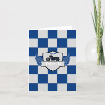 Blue and grey chequered motorcycle baby announceme