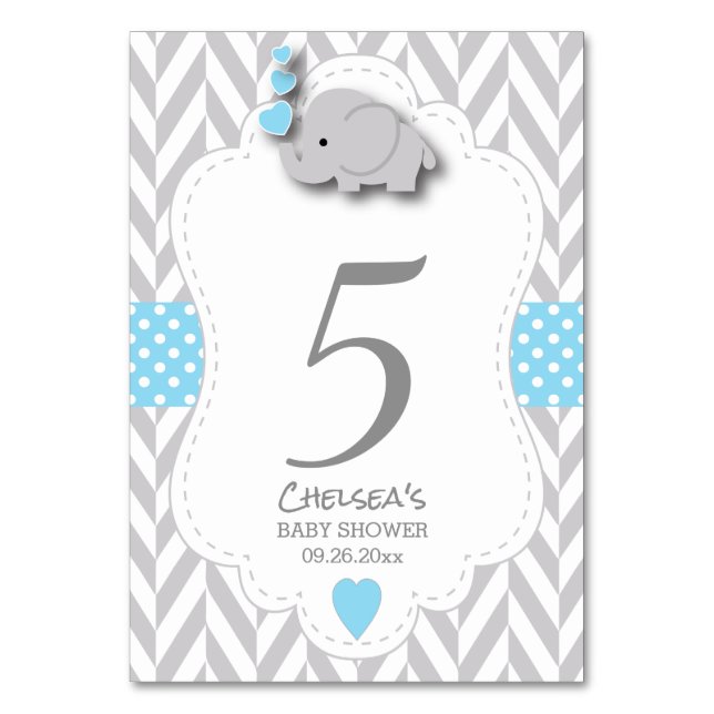 Blue and Grey Chevron Elephant - Table Card (Front)