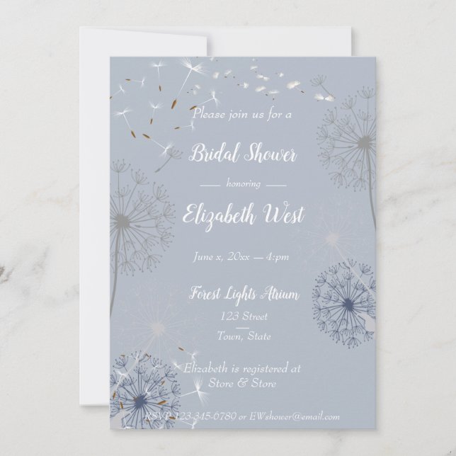 Blue and Grey Dandelion Puffs Bridal Shower Invitation (Front)