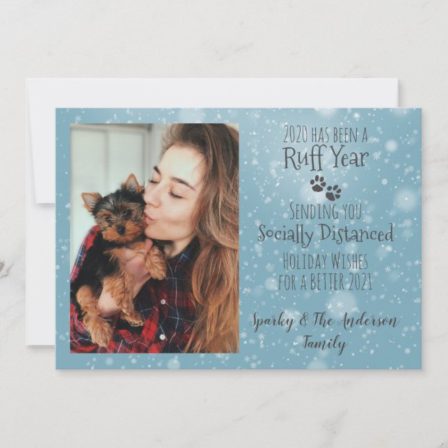 Blue and Grey, Dog Paw Prints Ruff Year Holiday Card (Front)