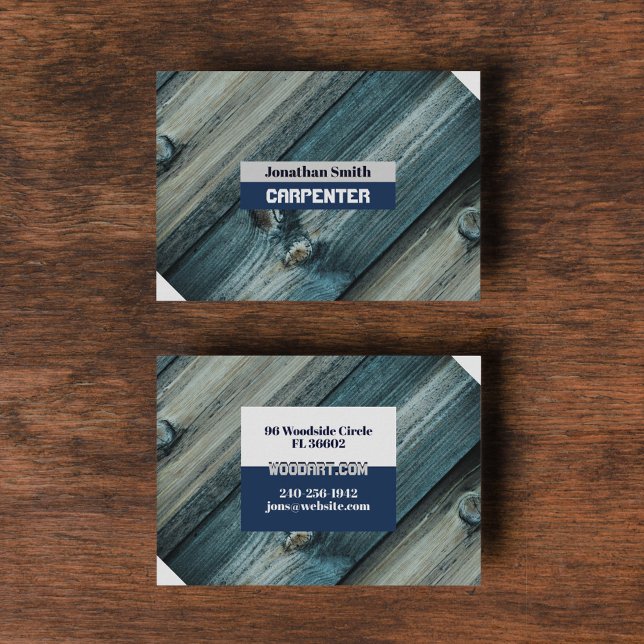 Blue and grey elegant Carpenter Woodworker Business Card (Creator Uploaded)