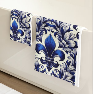 Blue and Grey Fleur de lis Bath Towel Set