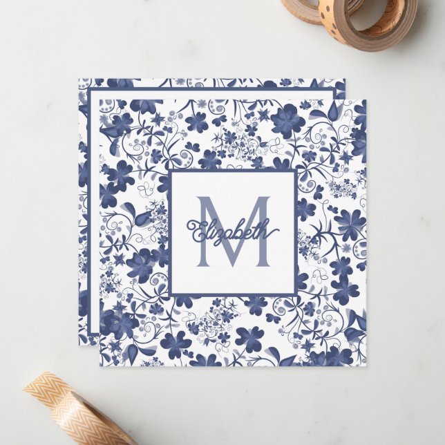 Blue and Grey Floral Monogram Card (Front/Back In Situ)