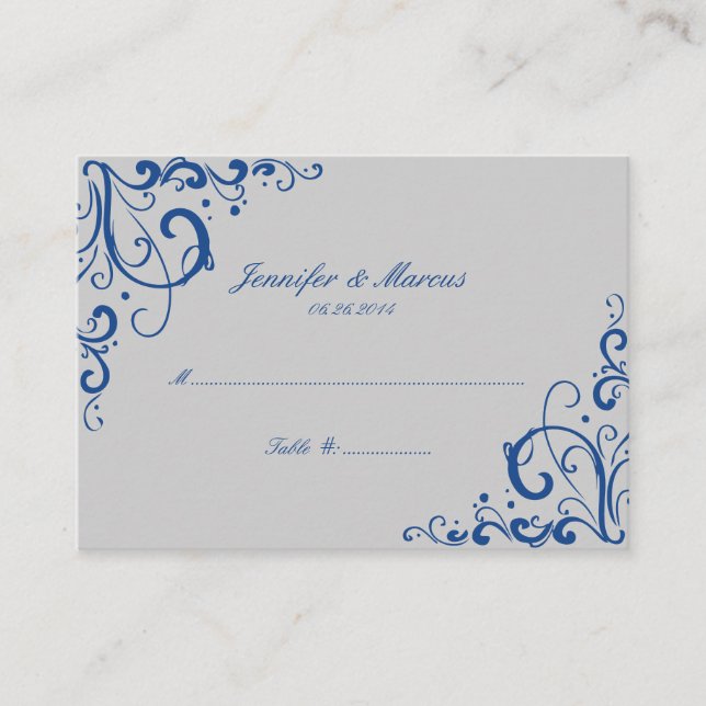 Blue and Grey Flourish Wedding Seating Cards (Front)