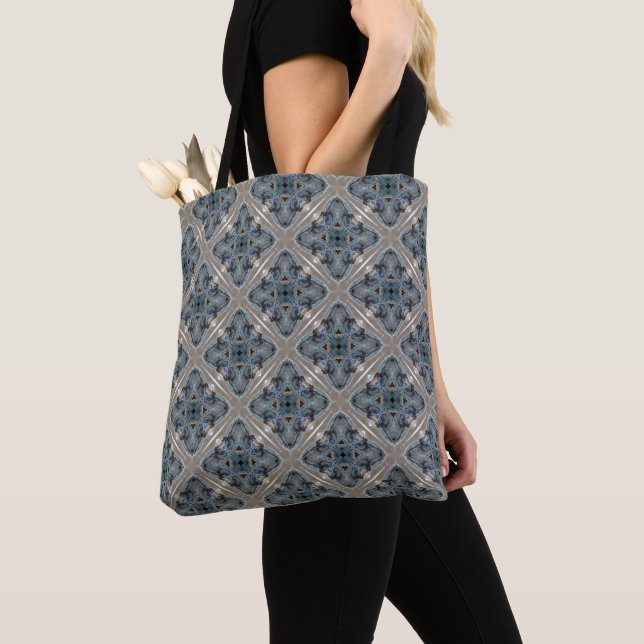 Blue and Grey Geometric Diamond Pattern Tote Bag (Close Up)