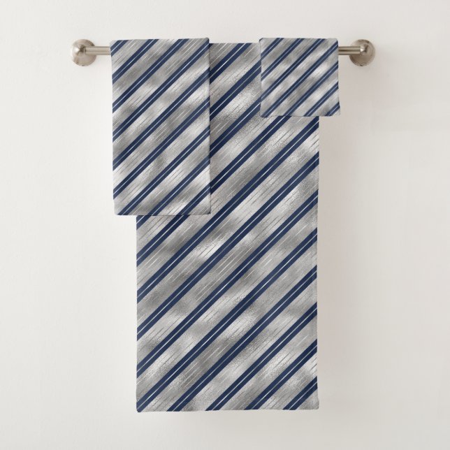 Blue and Grey Glossy Stripes Bath Towel Set (Insitu)