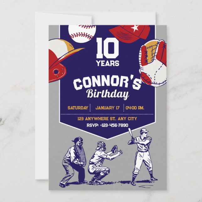 Blue and Grey llustrated baseball birthday party  Invitation (Front)