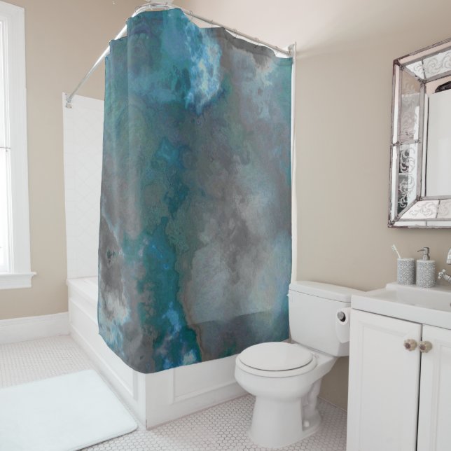 Blue and grey Marble Texture Shower Curtain (In Situ)