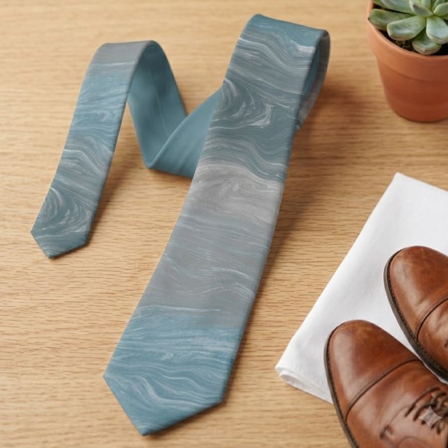 Blue and Grey Modern Swirl Abstract Art Tie (An elegant blue and grey marble swirl necktie, a stylish gift for him for his next formal occasion.)