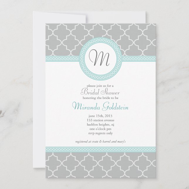 Blue and Grey Monogram Shower Invitation (Front)