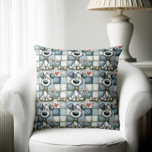 Blue and Grey Patchwork Dog Pattern Cushion