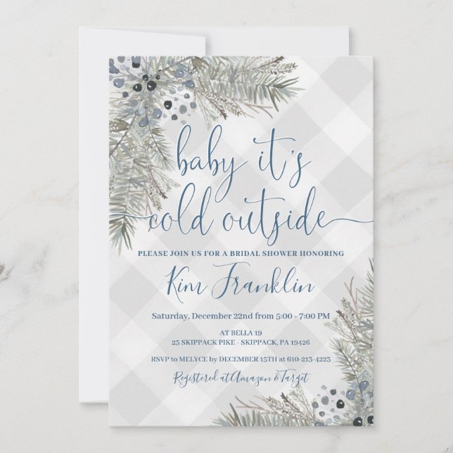 Blue and Grey Plaid Winter Bridal Shower Invitatio Invitation (Front)