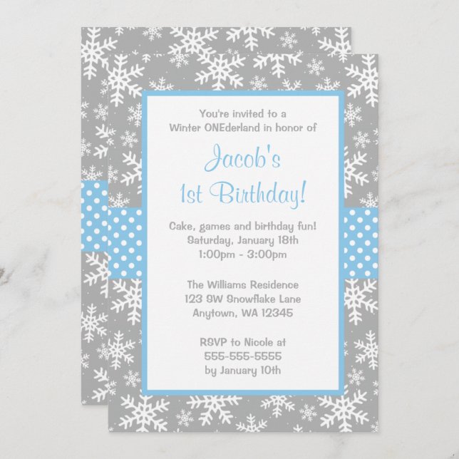 Blue and Grey Snowflakes Winter Onederland Invitation (Front/Back)