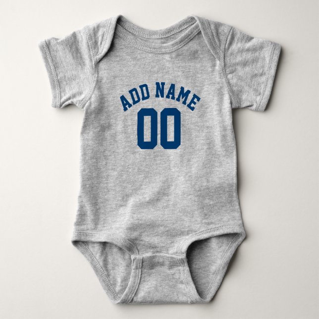 Blue and Grey Sports Jersey Custom Name Number Baby Bodysuit (Front)